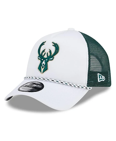 New Era Men's White/Hunter Green Milwaukee Bucks Court Sport Foam A-Frame 9FORTY Adjustable Trucker Hat