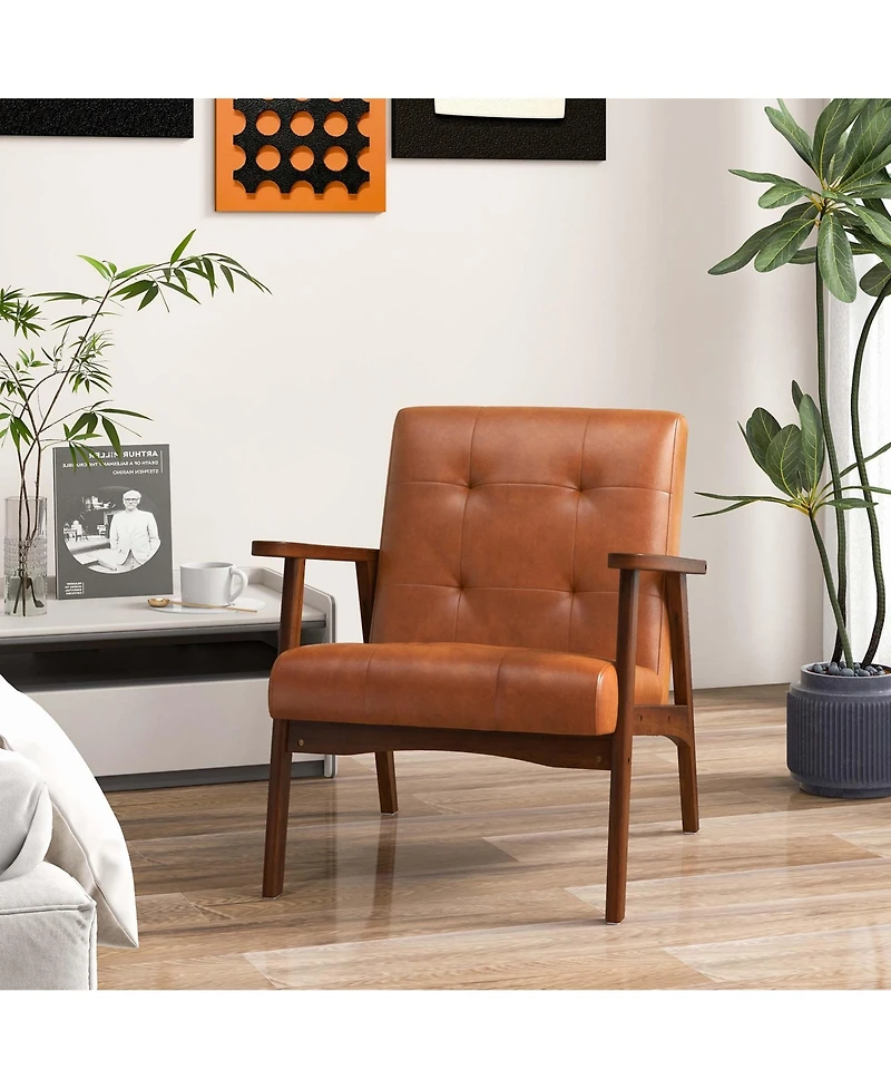 Mid Century Accent Chair Tufted Reading Armchair Solid Rubber Wood
