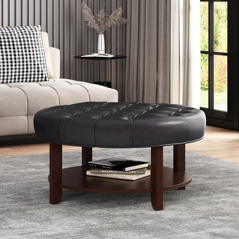 Streamdale Contemporary Faux Leather Tufted Ottoman with Open Shelf