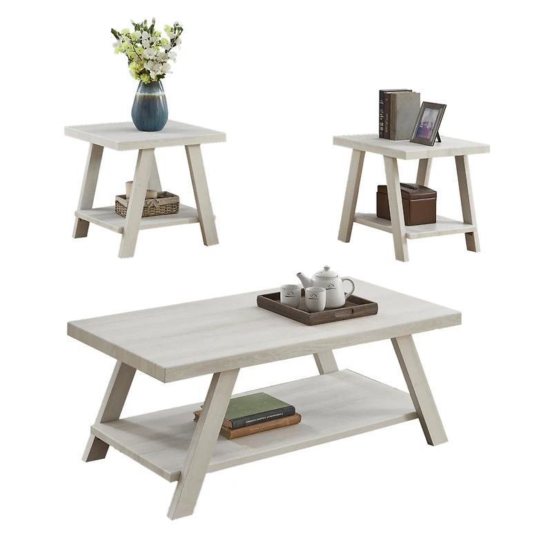 Streamdale Furniture Contemporary Wood Shelf Coffee Table Set in White Finish