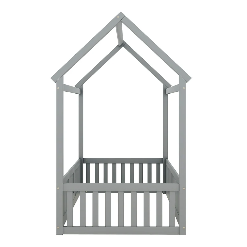 Streamdale Twin Wood House Bed with Fence and Door, Gray