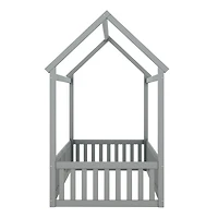 Streamdale Twin Wood House Bed with Fence and Door, Gray