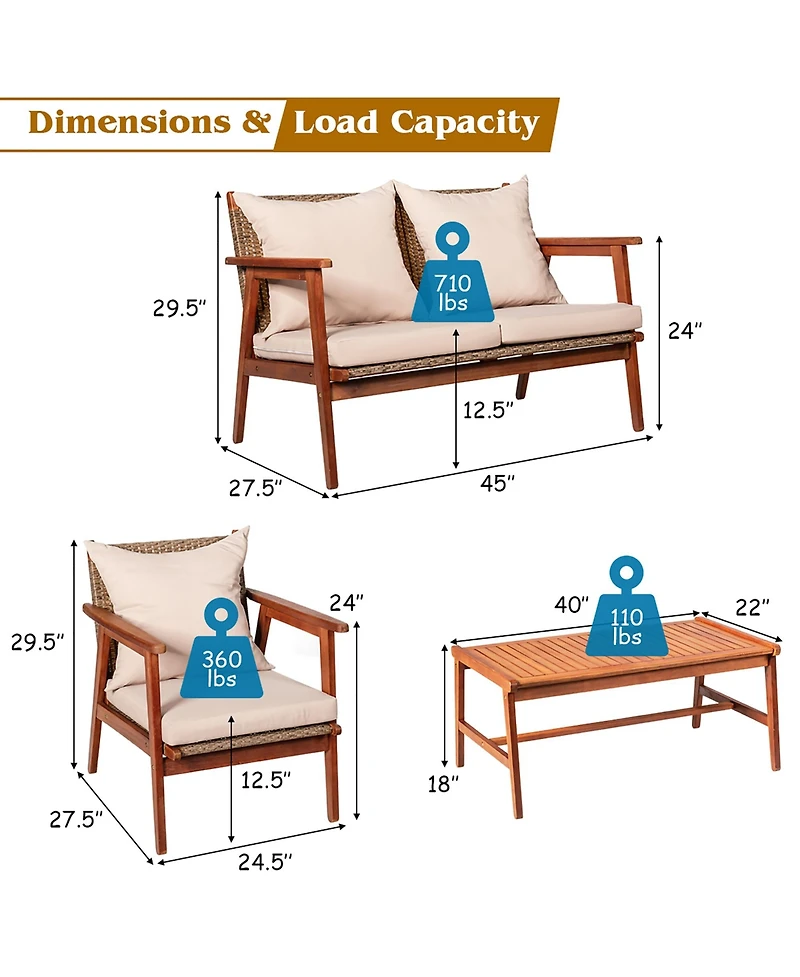 Costway 8PCS Patio Rattan Furniture Set Acacia Wood Frame Cushioned Sofa Chair Garden