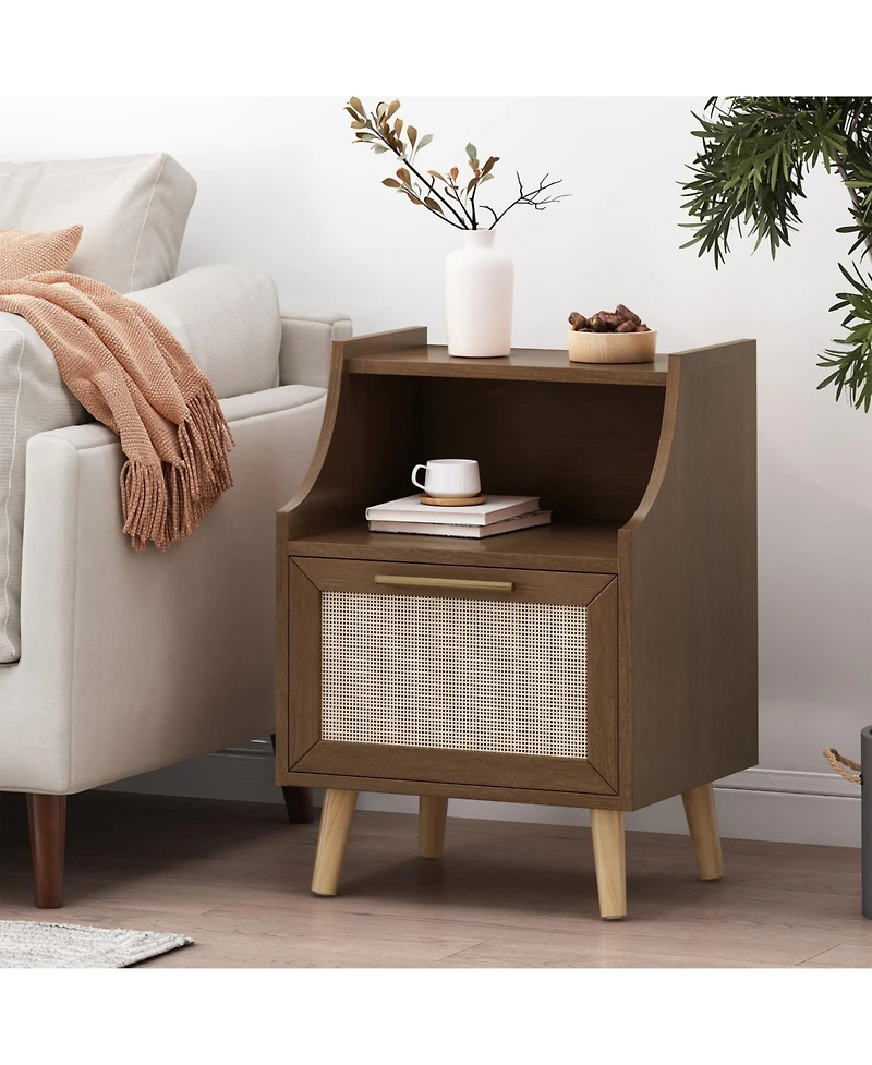Simplie Fun Modern End Table with Rattan Accents, Built-in Hutch, and Ample Storage