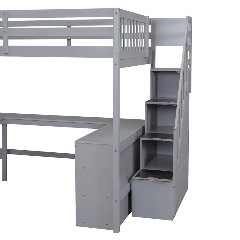 Streamdale Loft Bed with Desk, Shelves, and Staircase, Gray
