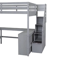Streamdale Loft Bed with Desk, Shelves, and Staircase, Gray