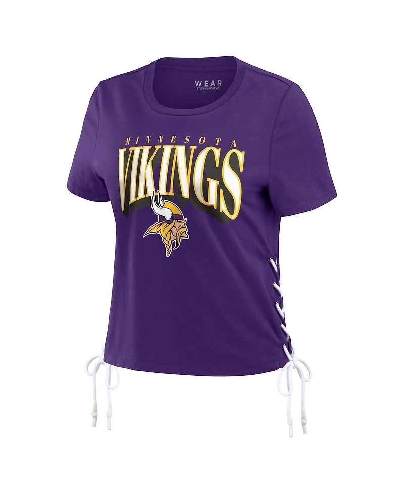 Wear by Erin Andrews Women's Purple Minnesota Vikings Lace Up Side Modest Cropped T-Shirt
