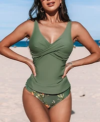 Cupshe Women's Wrapped Tankini Top & Tropical Mid-Rise Bottoms Set
