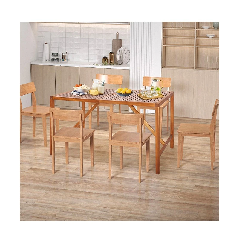 Sugift 67 Inch Patio Rectangle Acacia Wood Dining Table with Umbrella Hole