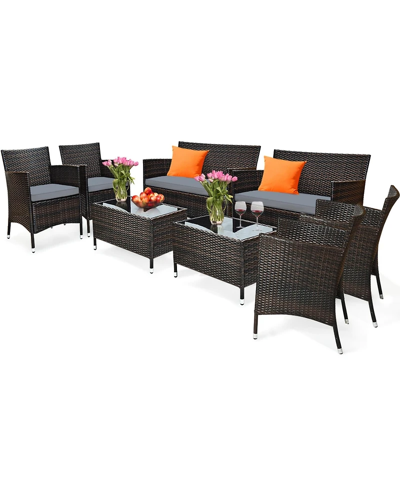Gymax 8PCS Patio Outdoor Rattan Conversation Furniture Set w/ Cushion