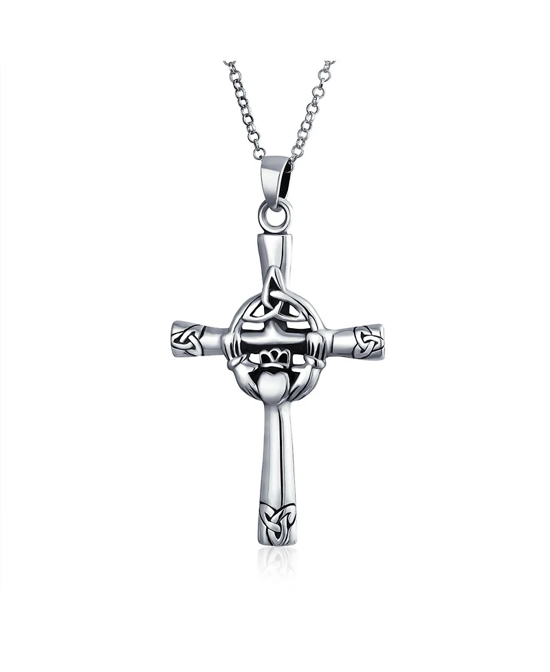 Bling Jewelry Spiritual Religious Irish Viking Eternal Trinity Celtic Knot Claddagh Cross Pendant Necklace Oxidized Solid Sterling Silver