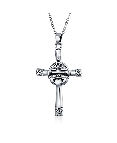 Bling Jewelry Spiritual Religious Irish Viking Eternal Trinity Celtic Knot Claddagh Cross Pendant Necklace Oxidized Solid Sterling Silver