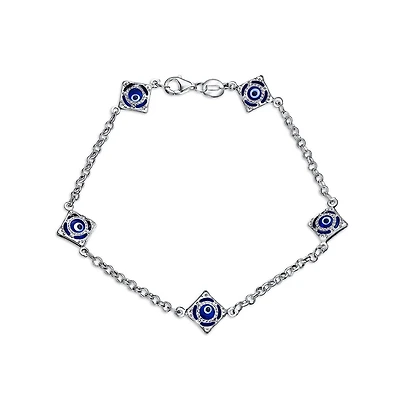 Bling Jewelry Turkish Navy Spiritual Protection Amulet Evil Eye Blue Evil Eye Charm Link Bracelet Sterling Silver 7.5 Inch