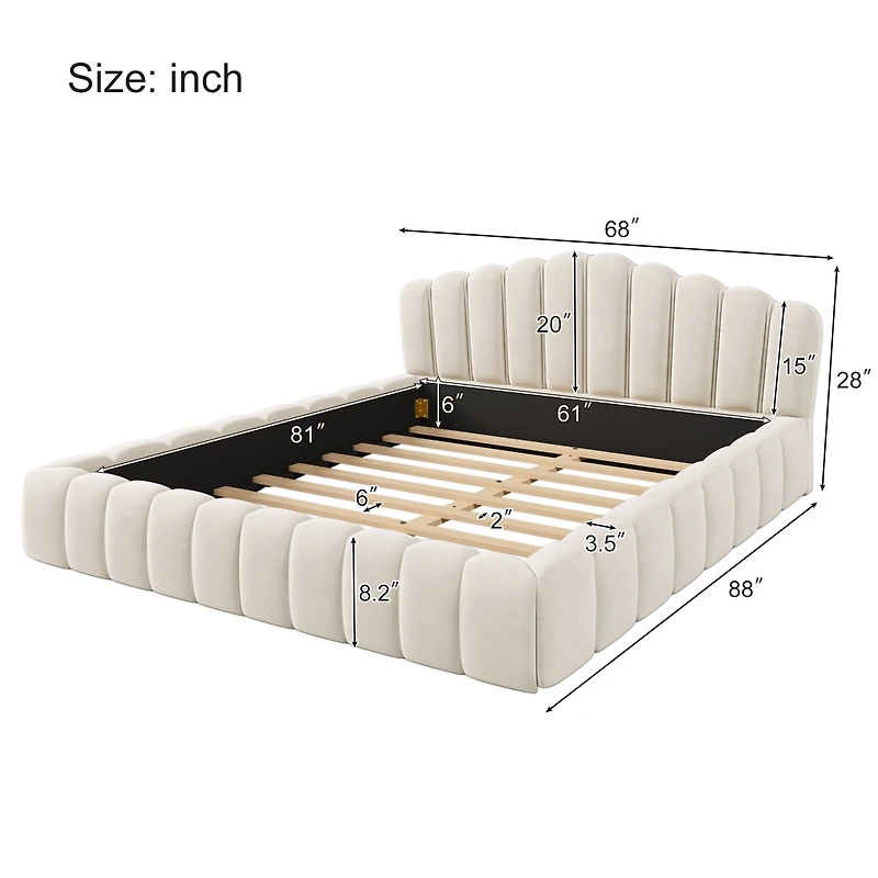 Streamdale Beige Velvet Queen Bed Frame with Shell-Shaped Headboard