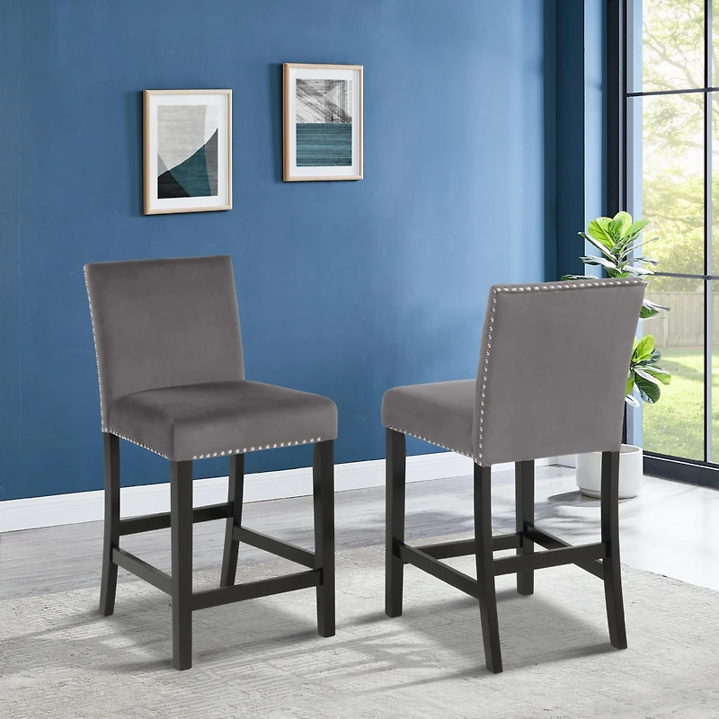 Streamdale Contemporary Velvet Counter Stool with Nailhead Trim, Set of 2, Gray