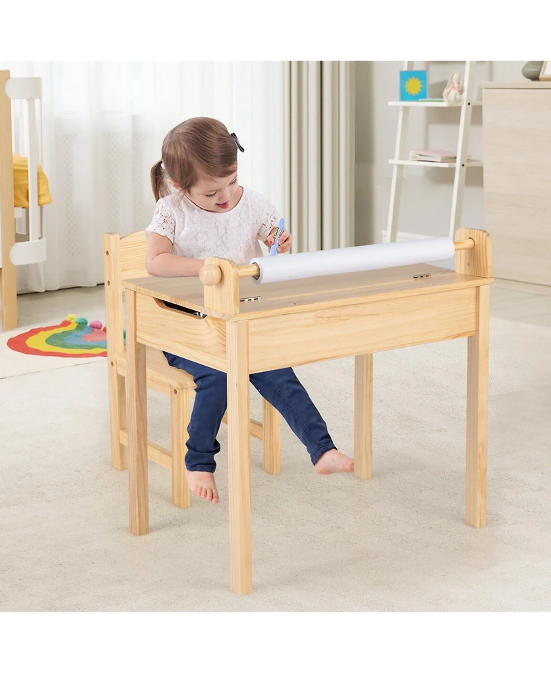 Slickblue Toddler Multifunctional Activity Table and Chair Set with Paper Roll Holder-Natural