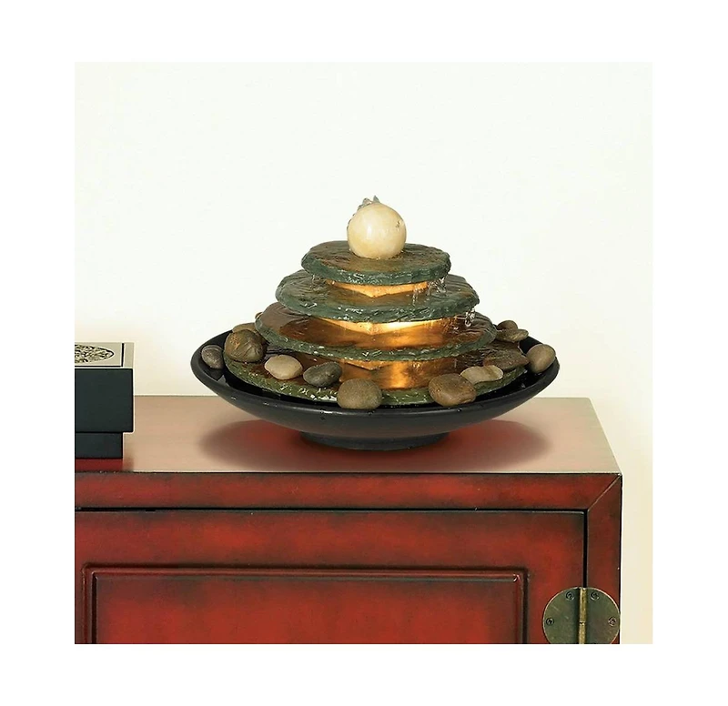 Pyramid 10" High Small Zen Modern Indoor Decor Slate Stone Tabletop Fountain with Light Feng Shui Ball Desk