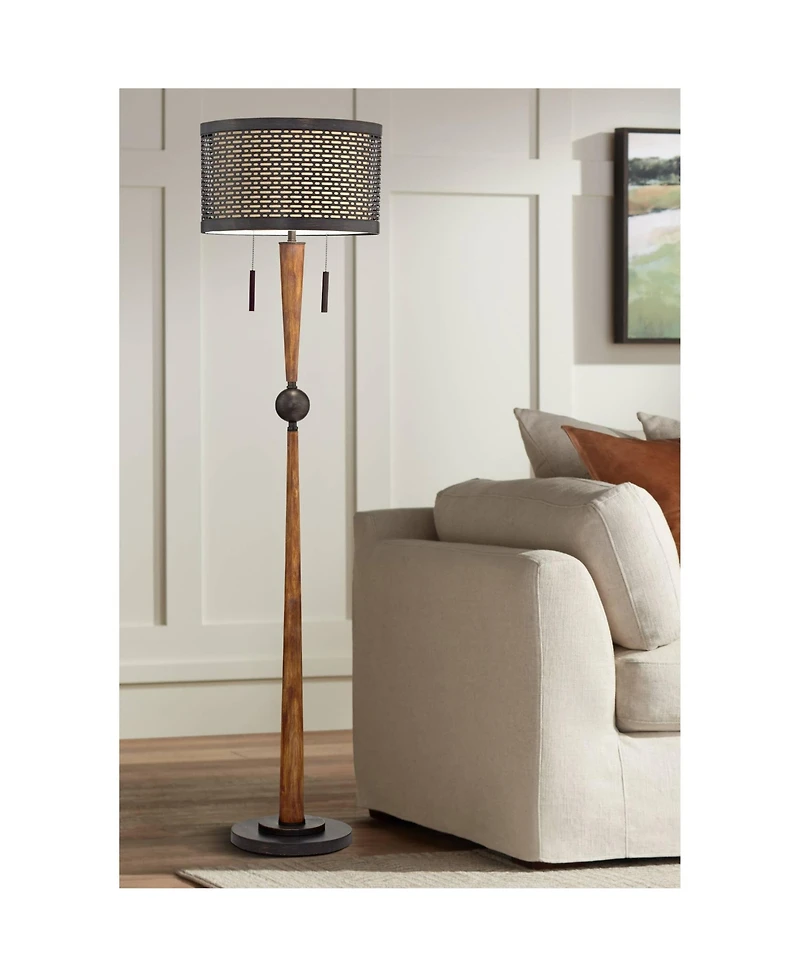 Franklin Iron Works Modern Mid Century Farmhouse Rustic Floor Lamp 64" Tall Bronze Cherry Wood Metal Cream Double Drum Shade for Living Room Read