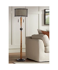 Franklin Iron Works Modern Mid Century Farmhouse Rustic Floor Lamp 64" Tall Bronze Cherry Wood Metal Cream Double Drum Shade for Living Room Read