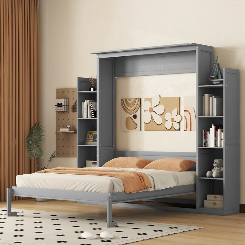 Streamdale Queen Murphy Bed Wall with Shelves and Led Lights, White