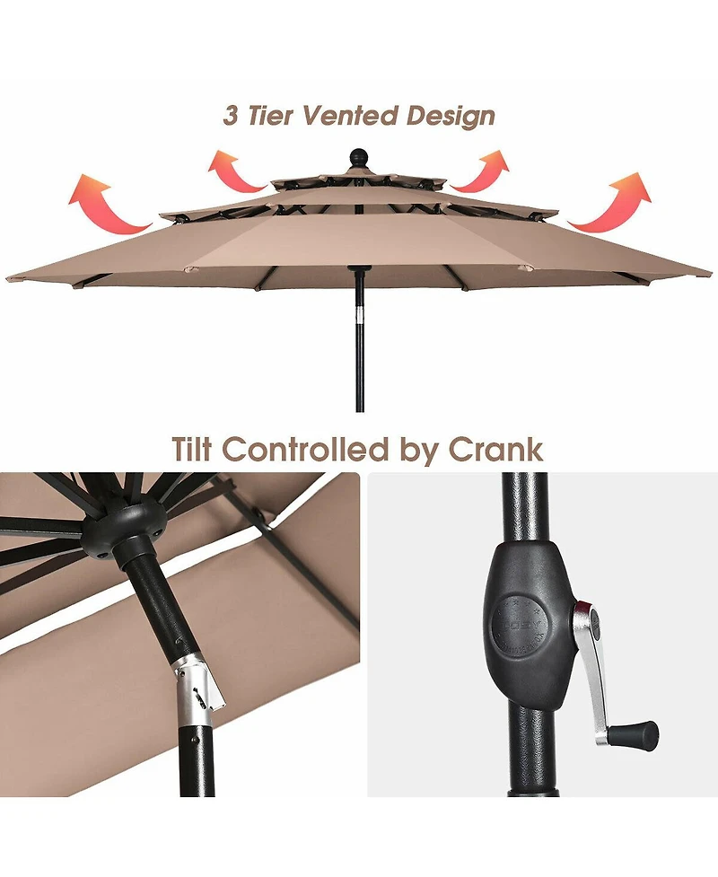 10ft 3 Tier Patio Umbrella Aluminum Sunshade Shelter Double Vented without Base