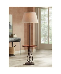 Franklin Iron Works Rustic Floor Lamp with Table 63.5" Tall Wood Twisted Iron Base Linen Empire Shade for Living Room Reading Bedroom