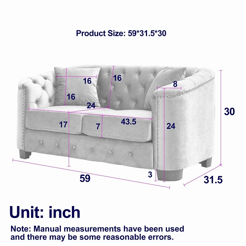 Streamdale Classic Velvet 3-Person Chesterfield Sofa with Nailhead Trim
