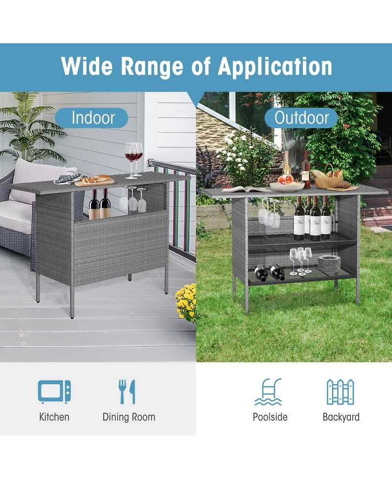 Slickblue Outdoor Patio Wicker Bar Table with Metal Shelves
