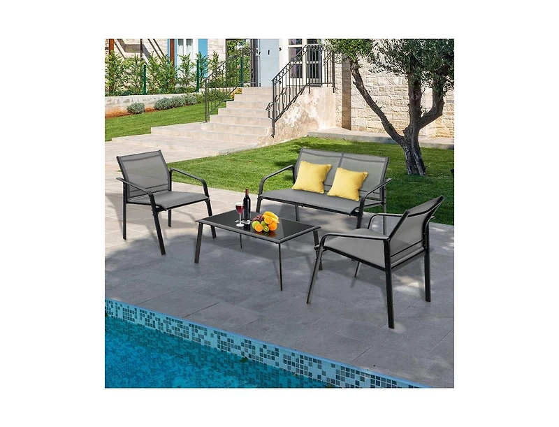 Slickblue 4 Pieces Patio Furniture Set with Armrest Loveseat Sofas and Glass Table Deck