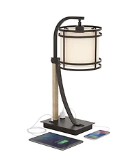 Gentry Industrial Desk Table Lamp 22" High with Usb and Ac Power Outlet in Base Oil Rubbed Bronze Faux Wood Metal Cage Oatmeal Drum Shade for Bedroom