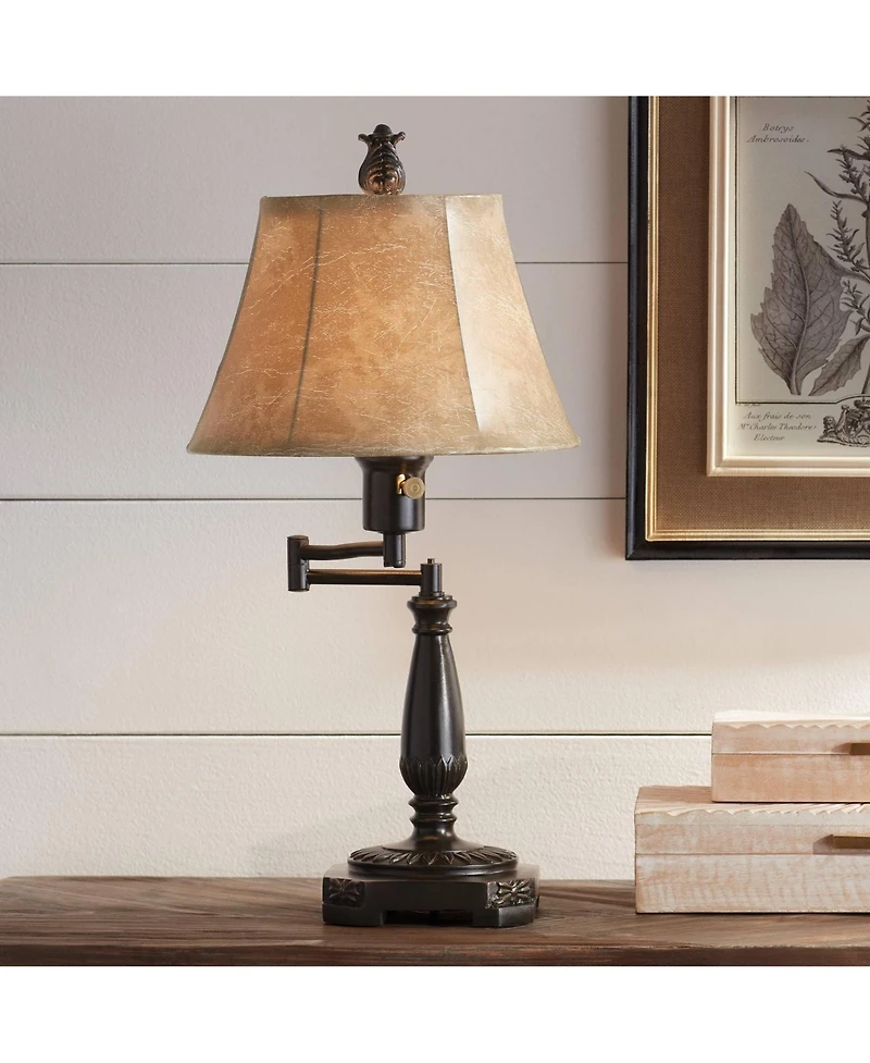 Regency Hill Traditional Accent Table Lamp Swing Arm 22.5" High Bronze Metal Faux Leather Bell Leather Shade for Living Room Family Bedroom