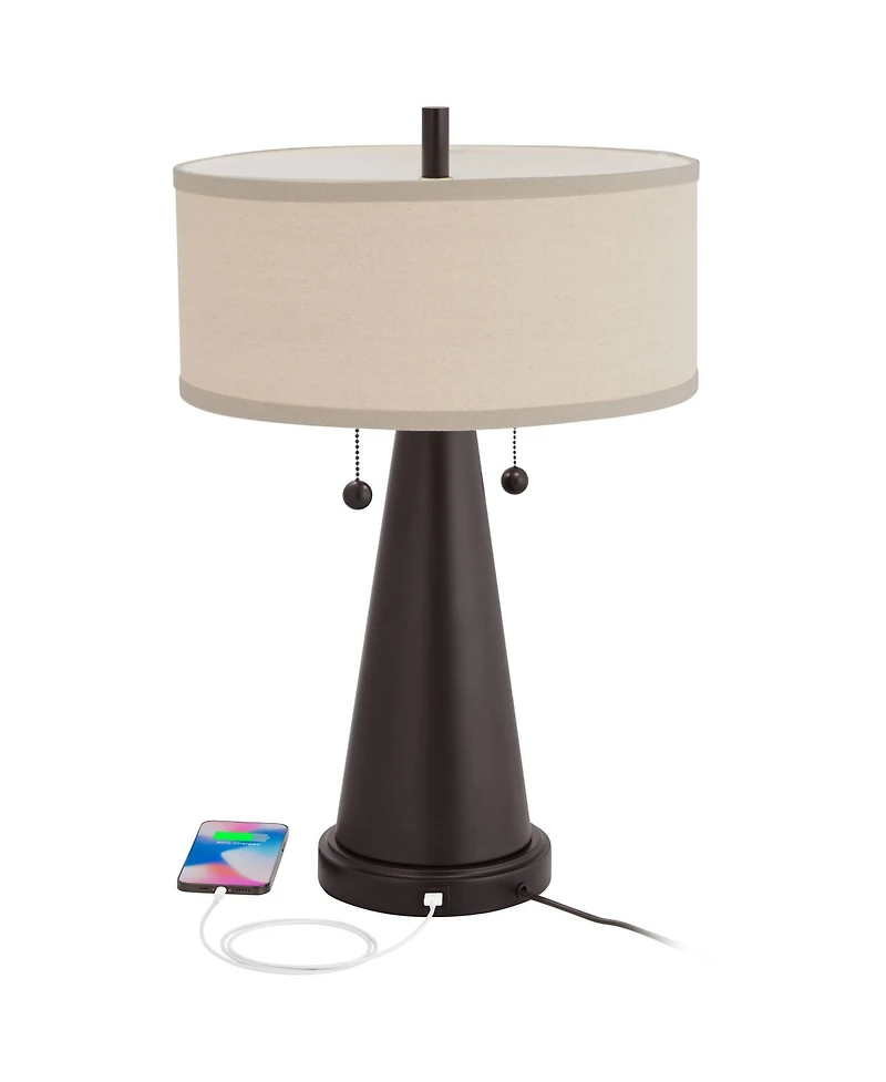 Franklin Iron Works Craig Rustic Farmhouse Accent Table Lamps 23" High Set of 2 Bronze with Usb Charging Port Natural Drum Shade for Bedroom Desk