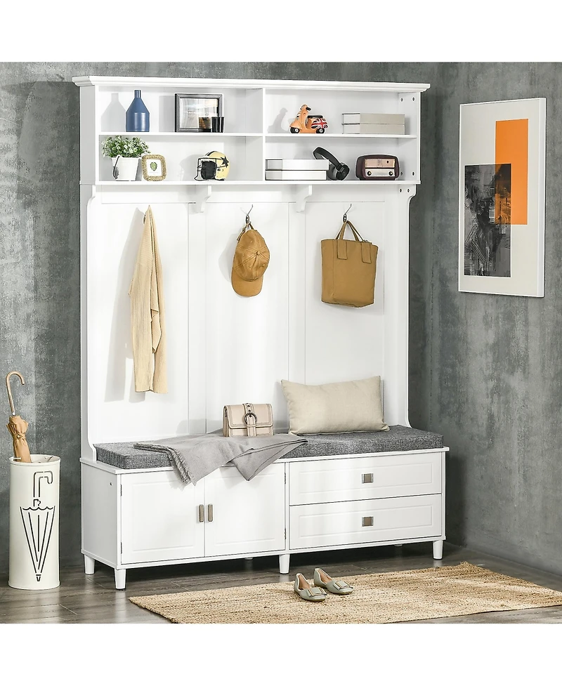 Homcom Hall Tree with Storage Bench with Storage Shelves, Cabinet and Drawers White