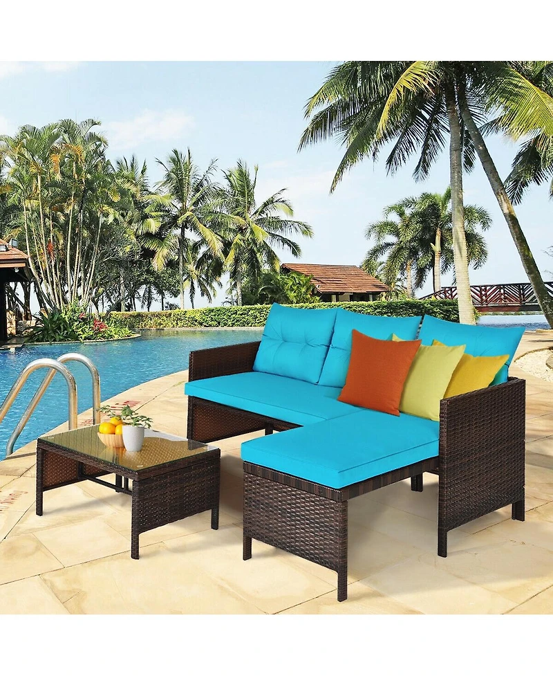 Sugift 3 Pieces Outdoor Patio Corner Rattan Sofa Set-Turquoise