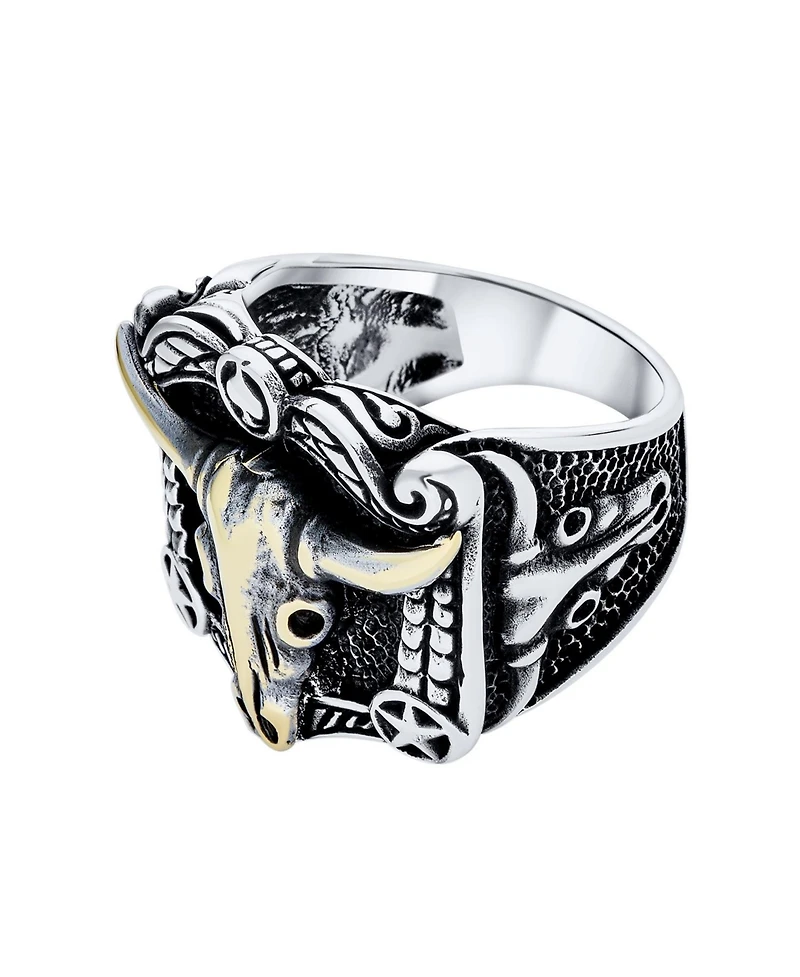 Bling Jewelry Black Textured Animal Buffalo Cow Skull Antelope Goat Big Texas Longhorn Signet Ring Two Tone Sterling Silver