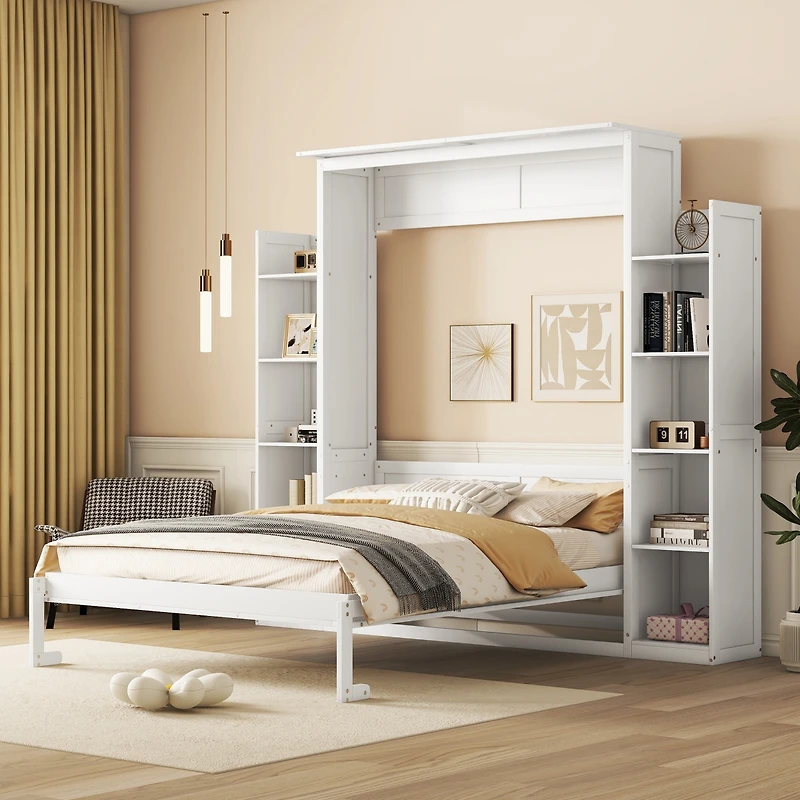 Streamdale Queen Murphy Bed Wall with Shelves and Led Lights, White