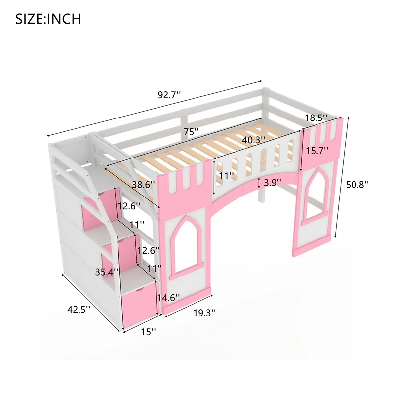 Streamdale Twin Size Loft Bed with Storage Staircase and Window, White