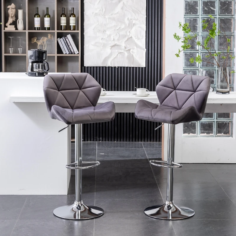 Streamdale Gray Velvet Diamond Tufted Adjustable Barstools (Set of 2)