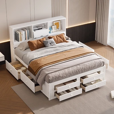 Streamdale King Size Platform Bed with Storage Headboard and 8 Drawers, White