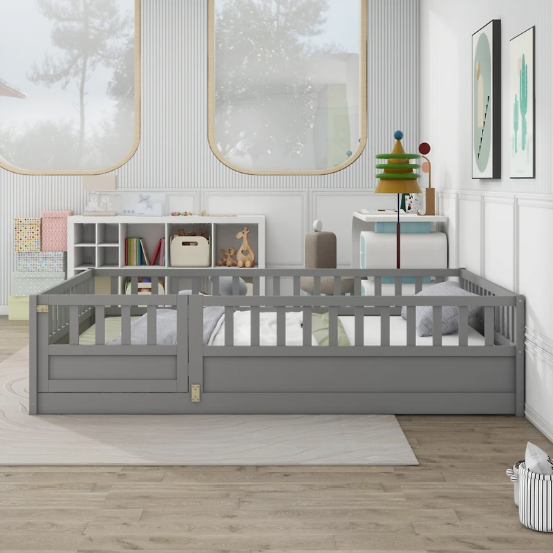 Streamdale Furniture Full size Floor bed, integral construction with super high security barrier, door, children's floor bed frame, Montessori wooden