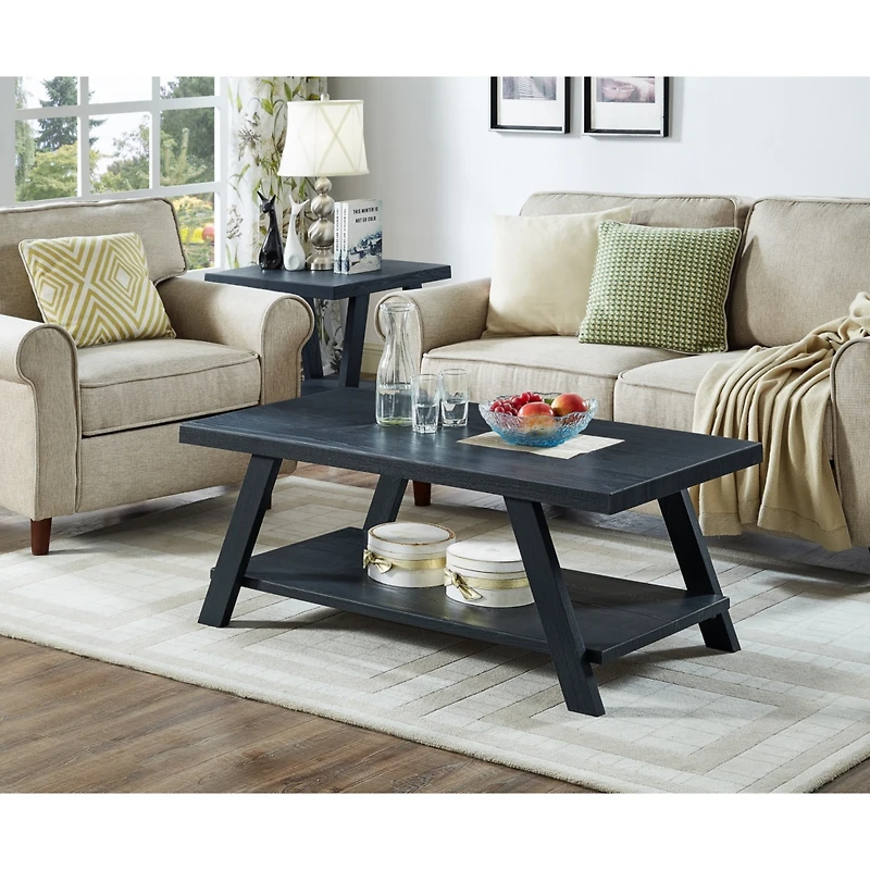 Streamdale Furniture Contemporary Replicated Wood Shelf Coffee Set Table in Black Finish