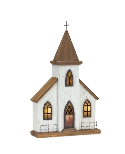 Slickblue Lighted Natural Wooden Church Display with Rustic Metal Accents, 17.75"H
