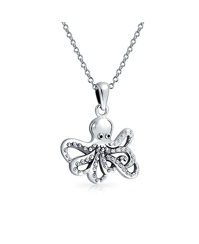 Bling Jewelry Nautical Vacation Honeymoon Ocean Marine Life Sea Creature Squid Octopus Pendant Necklace Oxidized Sterling Silver