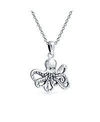 Bling Jewelry Nautical Vacation Honeymoon Ocean Marine Life Sea Creature Squid Octopus Pendant Necklace Oxidized Sterling Silver