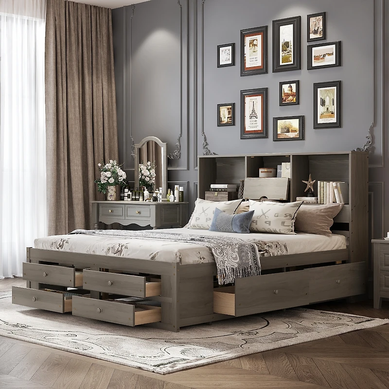Streamdale King Platform Bed with Storage Headboard and 8 Drawers, White
