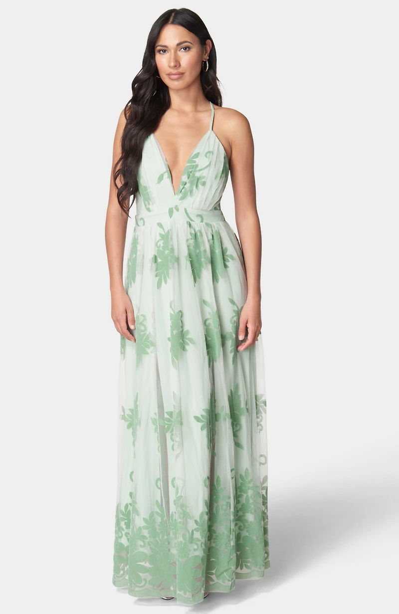 Bebe Women's Plunge Neck Embroidered Maxi Dress