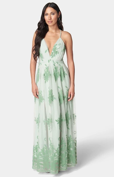 Bebe Women's Plunge Neck Embroidered Maxi Dress