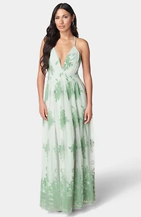 Bebe Women's Plunge Neck Embroidered Maxi Dress