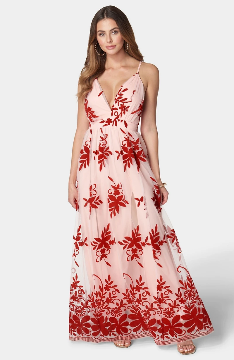 Bebe Women's Plunge Neck Embroidered Maxi Dress