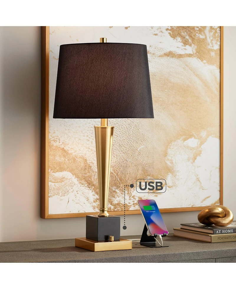 Possini Euro Design Wayne 29 1/4" Tall Modern End Table Lamp Usb Port Brass Finish Metal Black Marble Single Living Room Charging